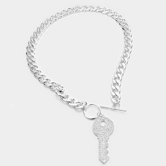 Silver Crystal Key Pendant Toggle Necklace Chain - Picture 2 of 2